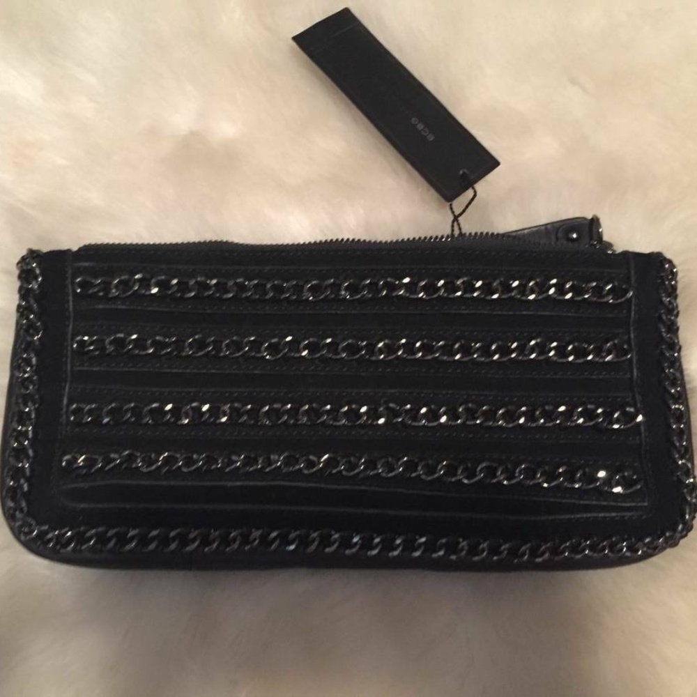 NWT BCBG MAXAZRIA BLACK LEATHER n SUEDE CLUTCH CHAINS